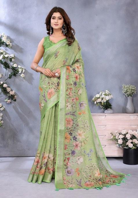 Light Green Printed Linen Saree Set