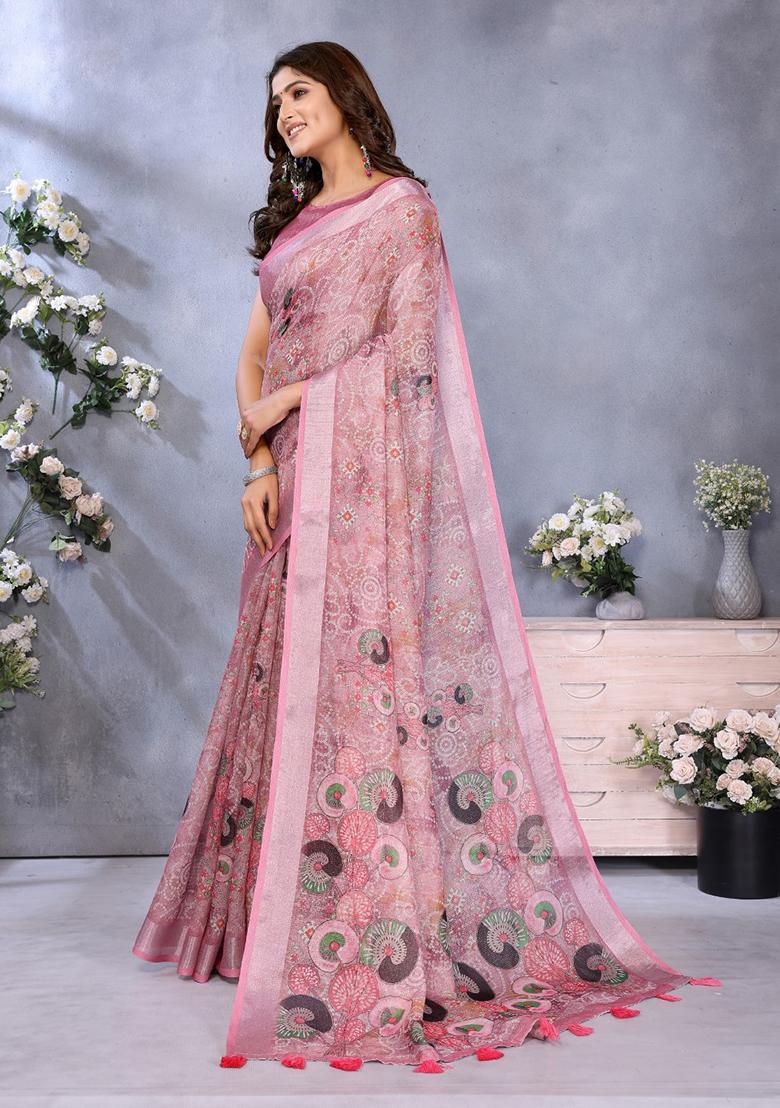 Light Pink Printed Linen Saree Set - Indya