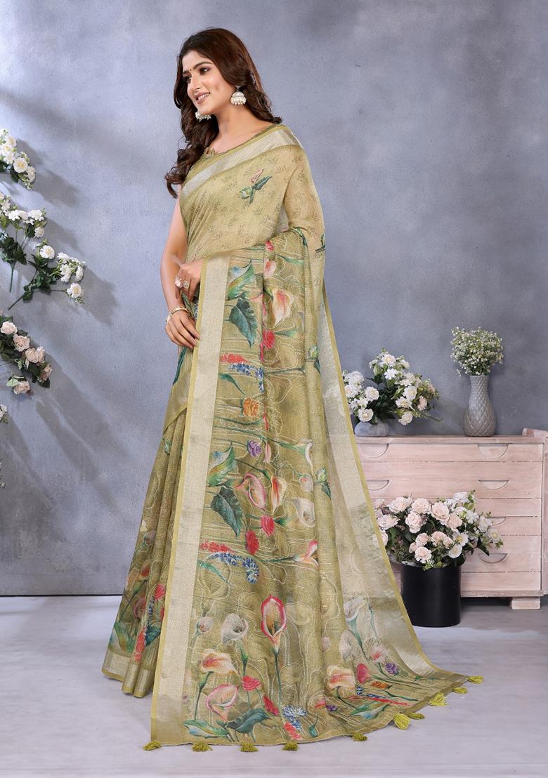 Mehendi Printed Linen Saree Set - Indya