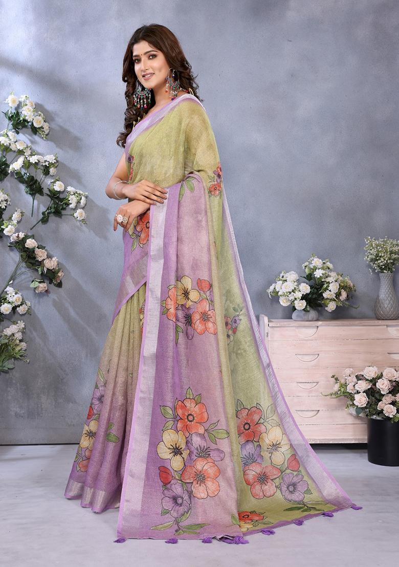 Mehendi Purple Printed Linen Saree Set - Indya