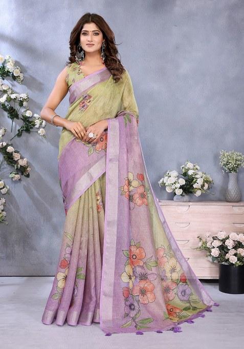 Mehendi Purple Printed Linen Saree Set