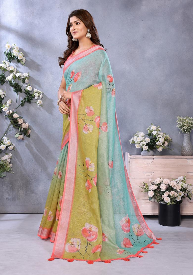 Multicolor Printed Linen Saree Set - Indya