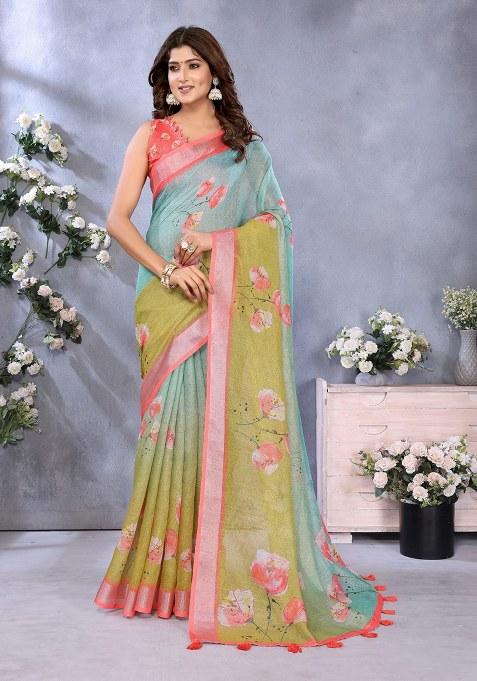 Multicolor Printed Linen Saree Set
