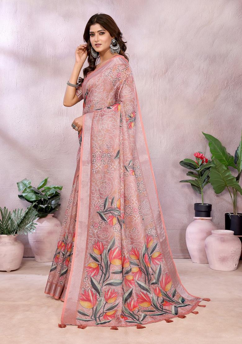 Peach Printed Linen Saree Set - Indya