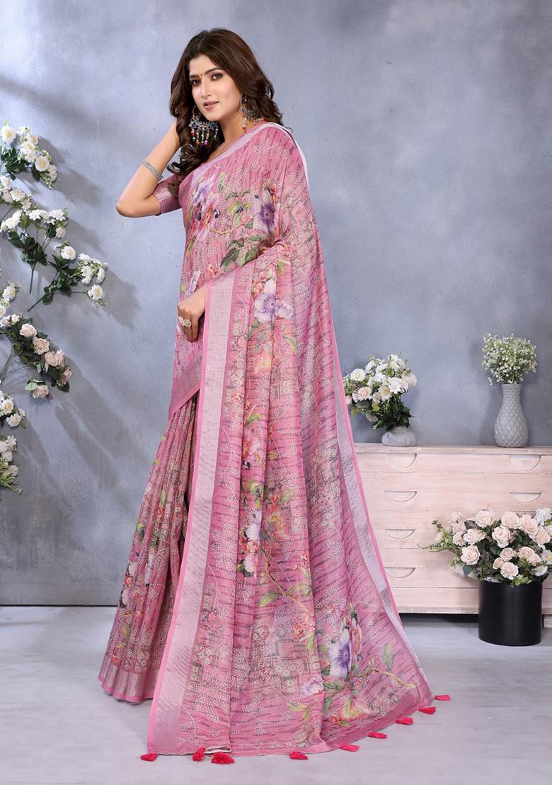 Rani Pink Printed Linen Saree Set - Indya
