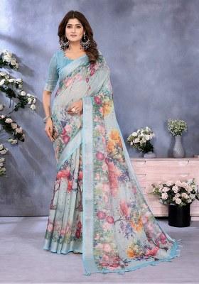 Sky Blue Printed Linen Saree Set