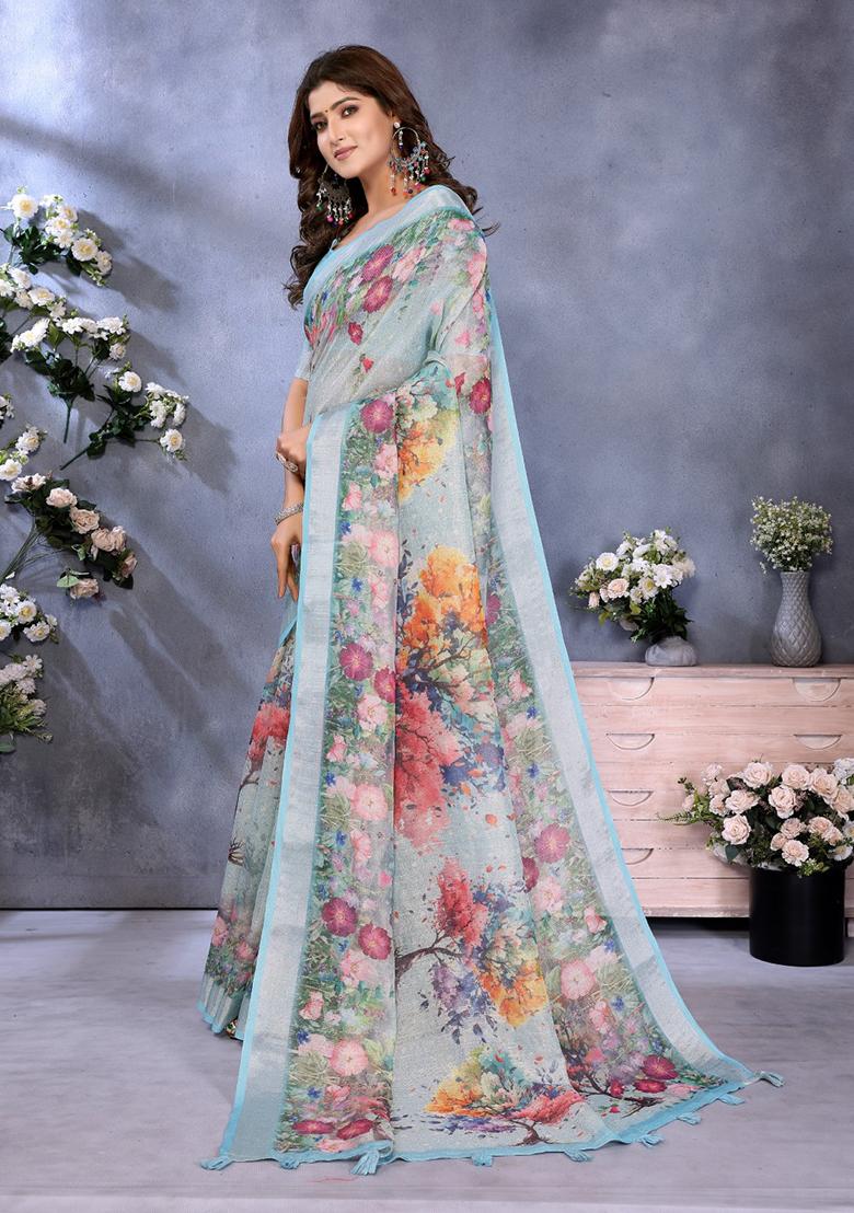 Sky Blue Printed Linen Saree Set - Indya