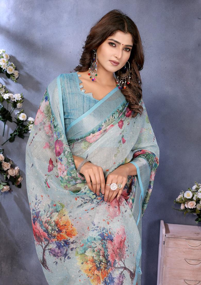 Sky Blue Printed Linen Saree Set - Indya