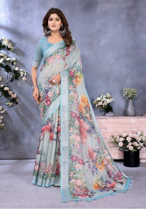 Sky Blue Printed Linen Saree Set