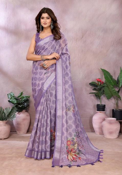 Violet Printed Linen Saree Set