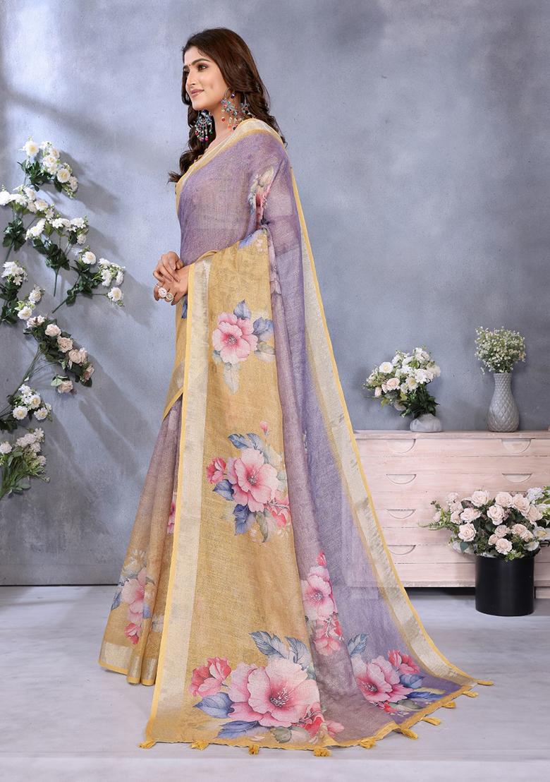 Yellow Printed Linen Saree Set - Indya