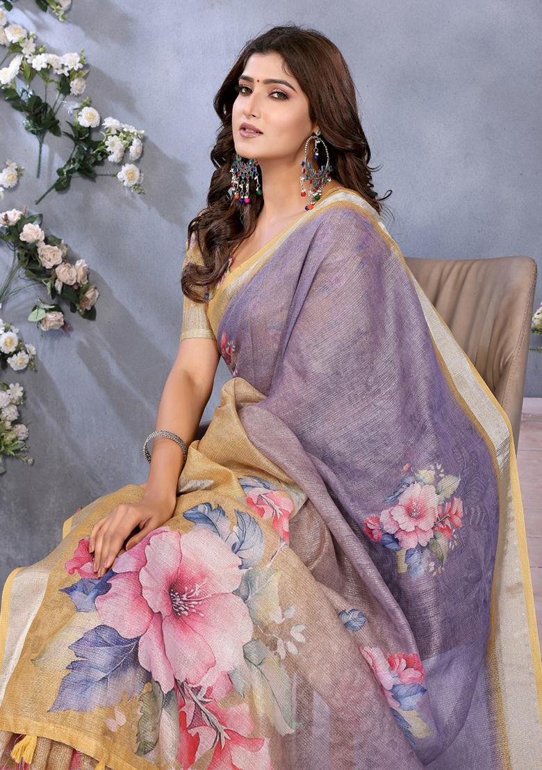 Yellow Printed Linen Saree Set - Indya