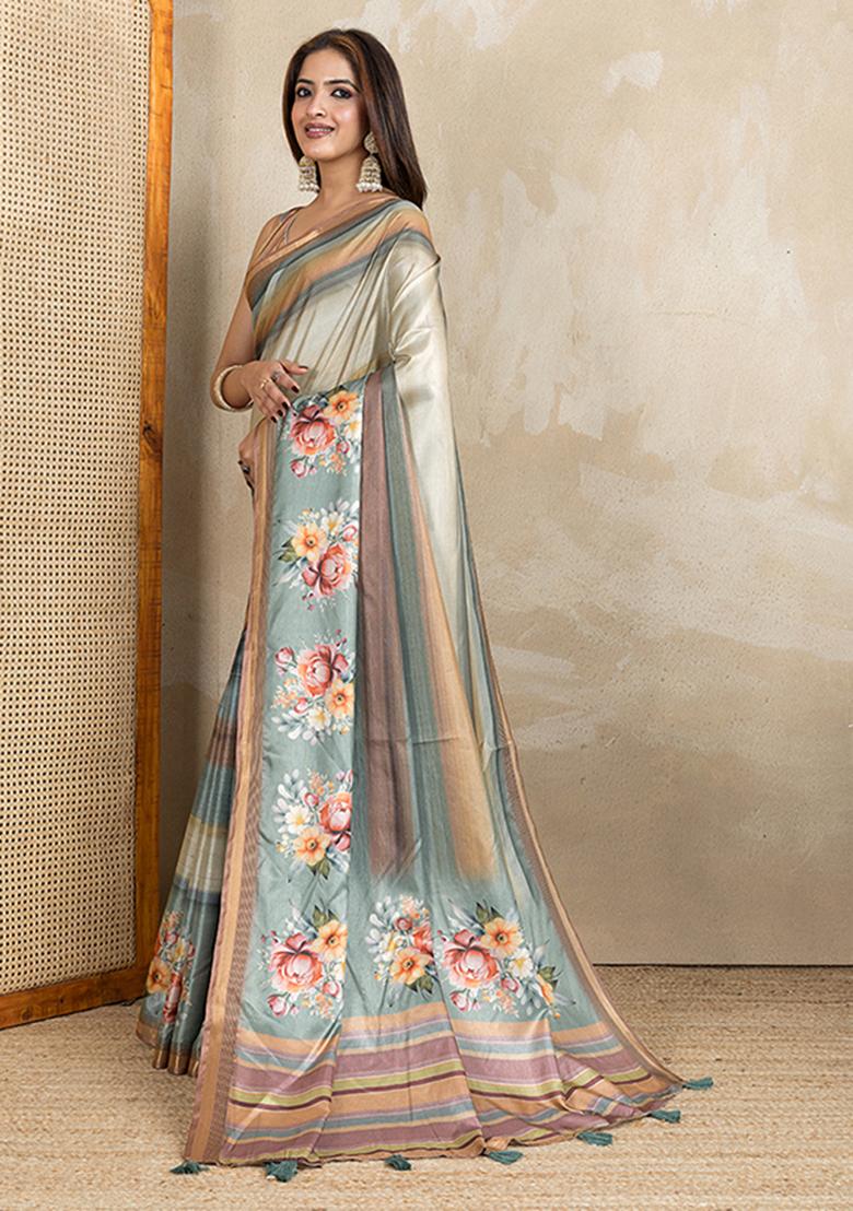 Beige Printed Silk Saree Set - Indya