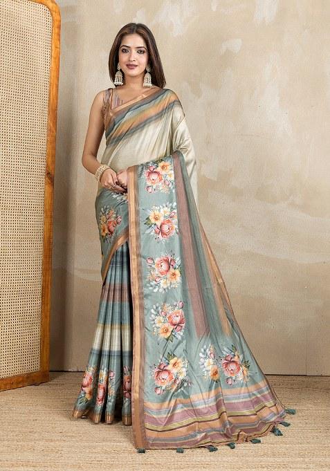 Beige Printed Silk Saree Set
