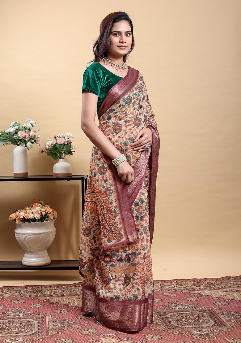 Maroon Printed Linen Saree Set - Indya