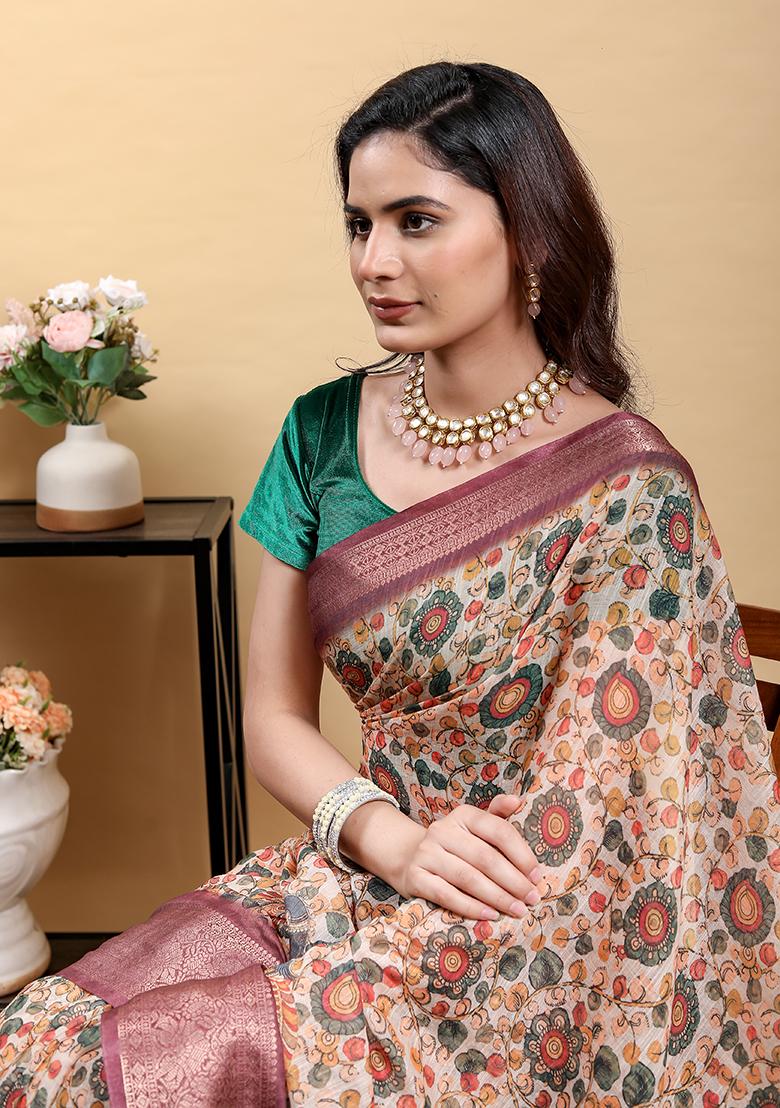 Maroon Printed Linen Saree Set - Indya