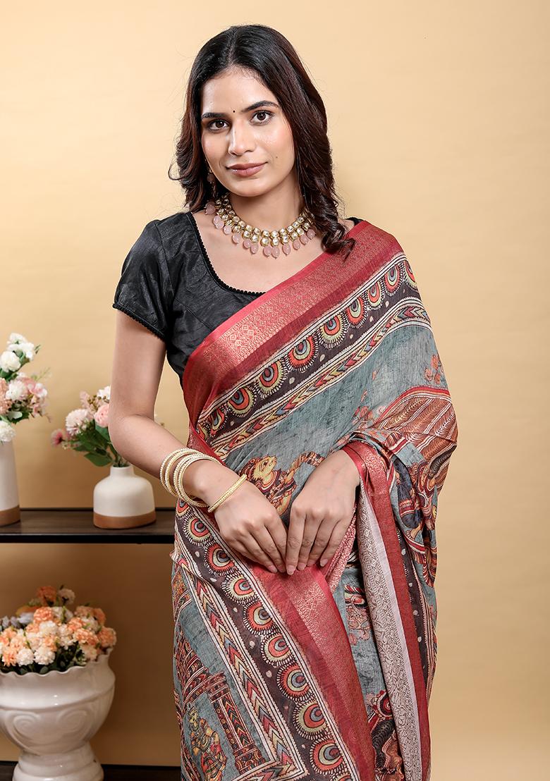 Black Printed Linen Saree Set - Indya