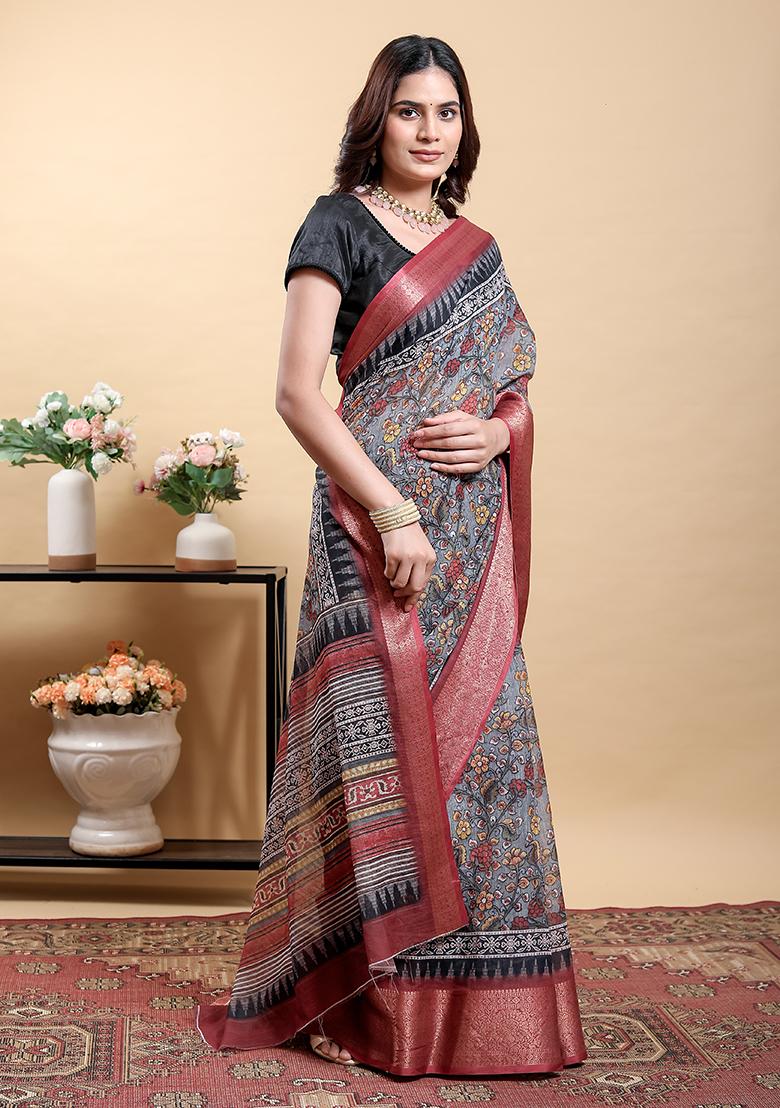 Red Printed Linen Saree Set - Indya