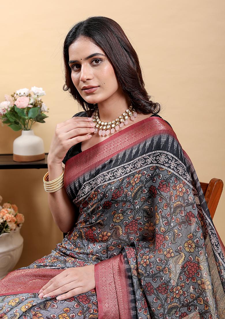 Red Printed Linen Saree Set - Indya