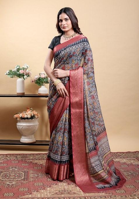 Red Printed Linen Saree Set