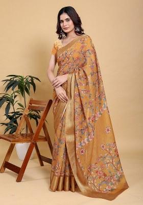 Mustard Printed Linen Saree Set