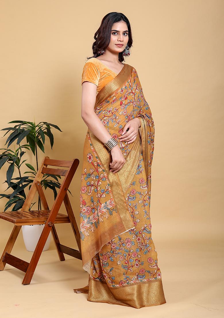 Mustard Printed Linen Saree Set - Indya