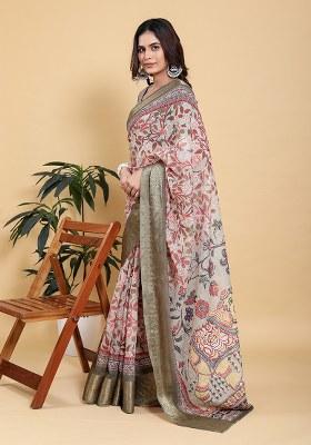 Olive Green Printed Linen Saree Set