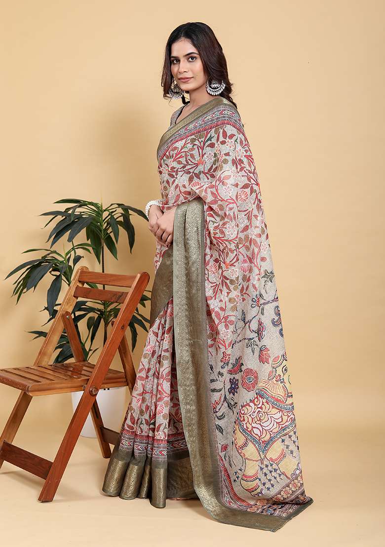 Olive Green Linen Saree Set with Printed for Diwali | Wedding & Festive Wear - Indya