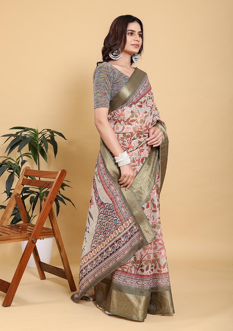 Olive Green Printed Linen Saree Set - Indya