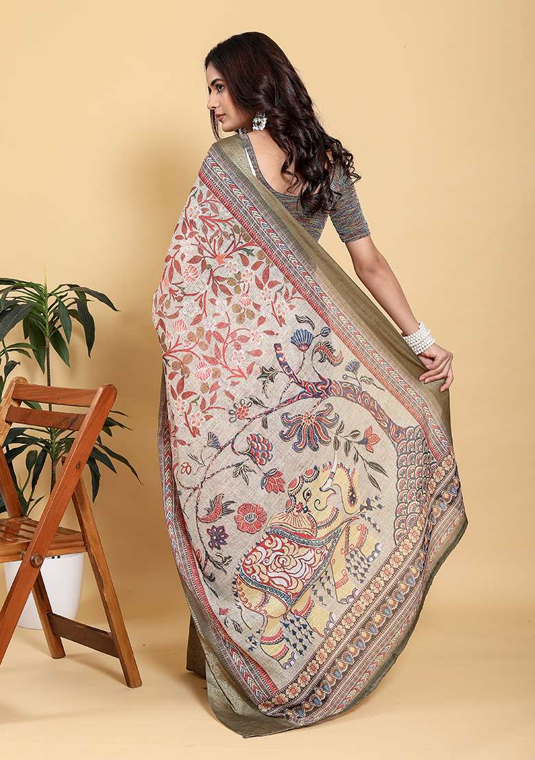 Olive Green Linen Saree Set with Printed for Diwali | Wedding & Festive Wear - Indya