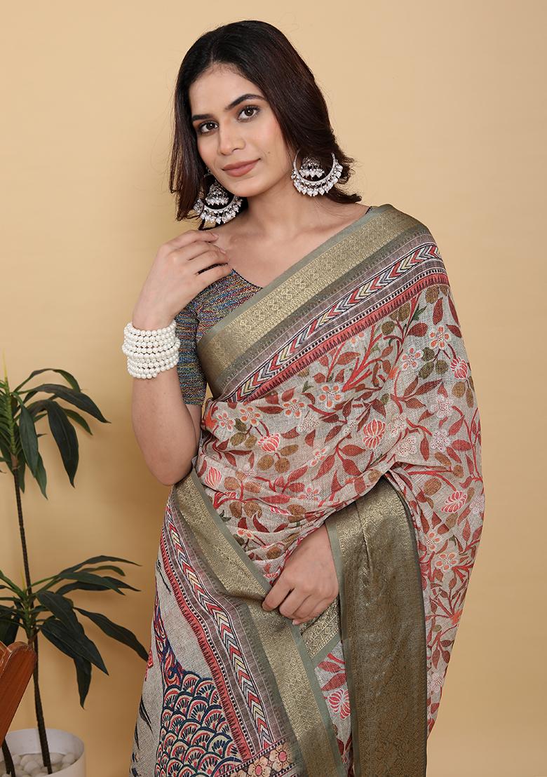 Olive Green Printed Linen Saree Set - Indya