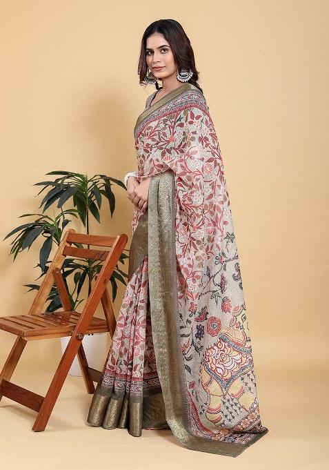 Olive Green Printed Linen Saree Set