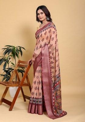 Peach Printed Linen Saree Set