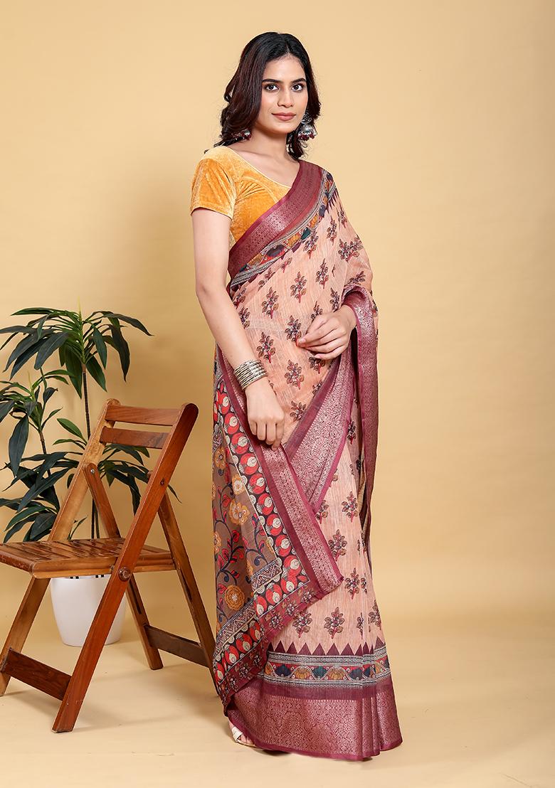 Peach Printed Linen Saree Set - Indya