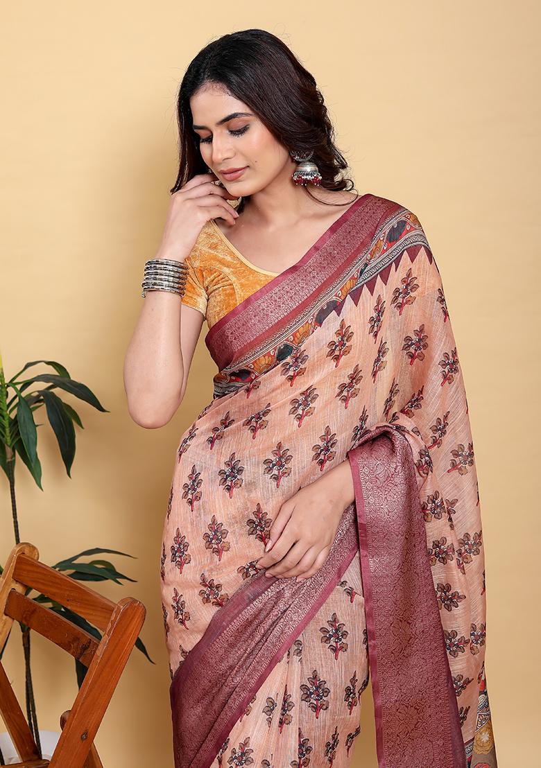 Peach Printed Linen Saree Set - Indya