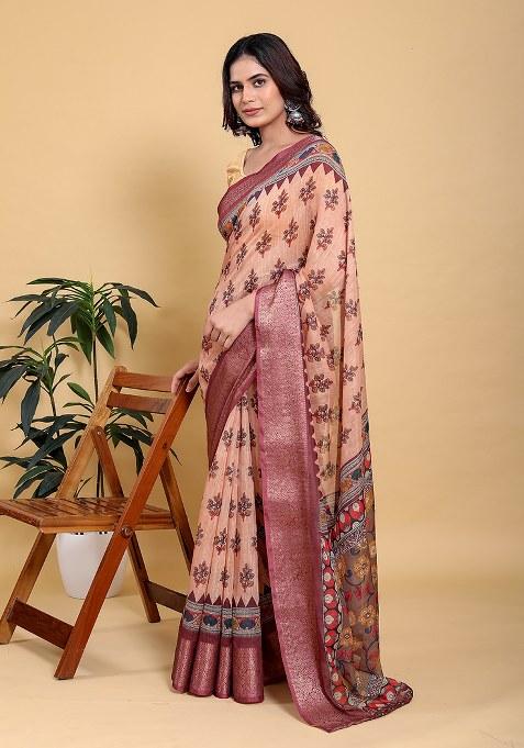Peach Printed Linen Saree Set