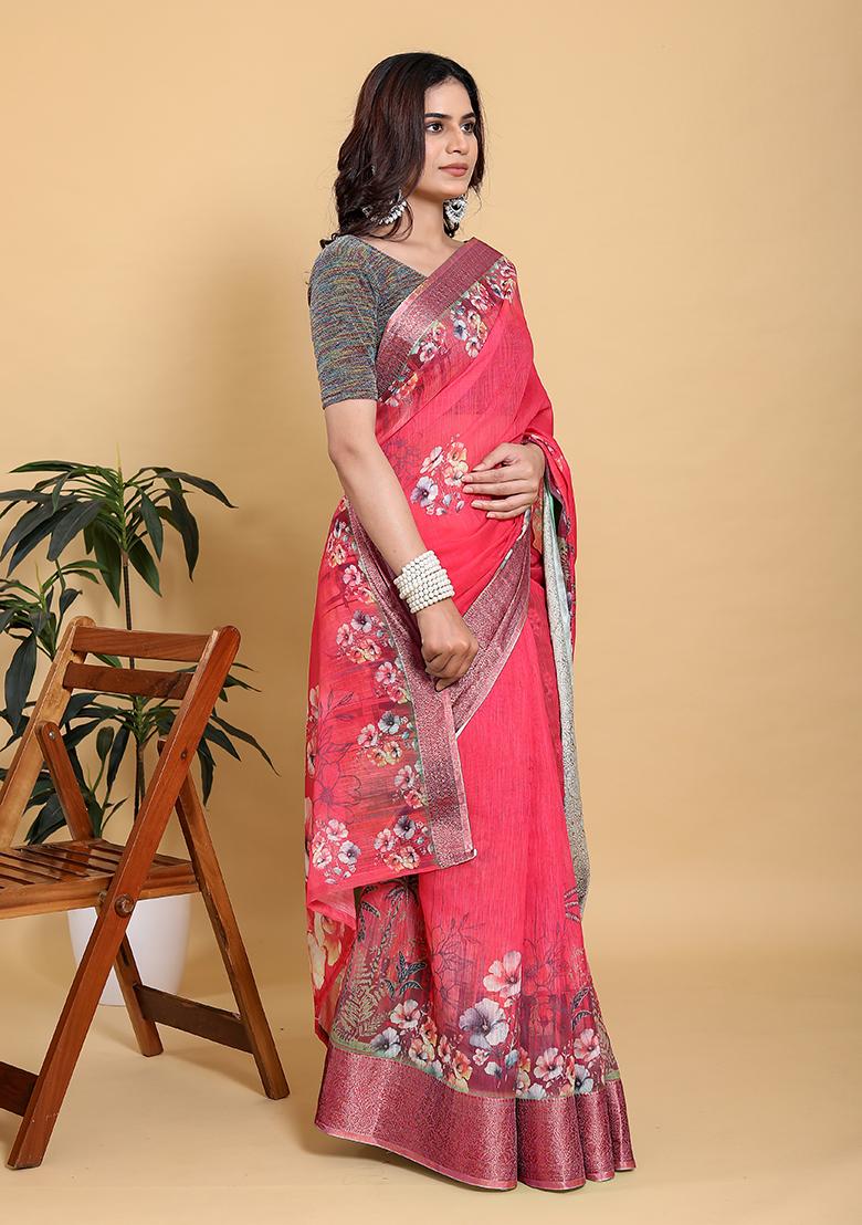 Pink Printed Linen Saree Set - Indya