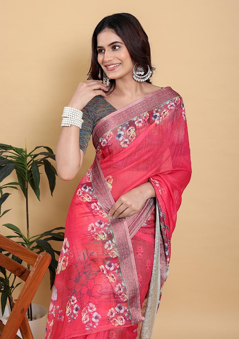 Pink Printed Linen Saree Set - Indya