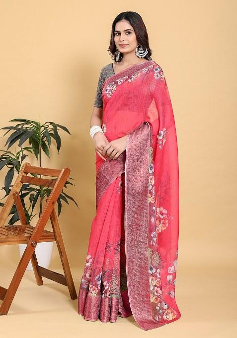 Pink Printed Linen Saree Set