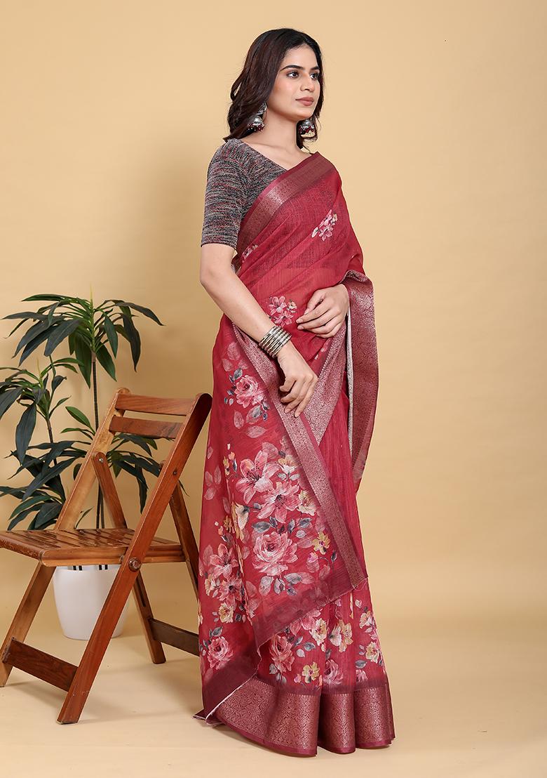 Red Printed Linen Saree Set - Indya