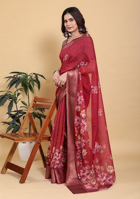 Red Printed Linen Saree Set