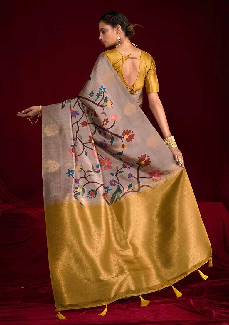 Yellow Woven Silk Blend Saree Set - Indya