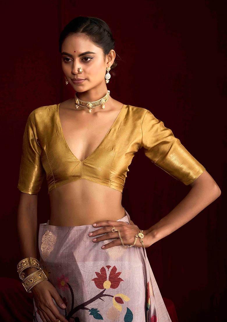 Yellow Woven Silk Blend Saree Set - Indya