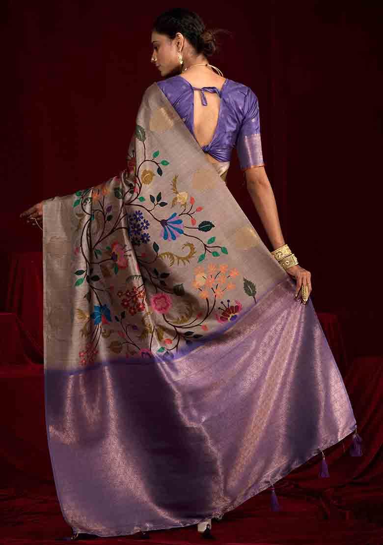 Lavender Woven Silk Blend Saree Set - Indya