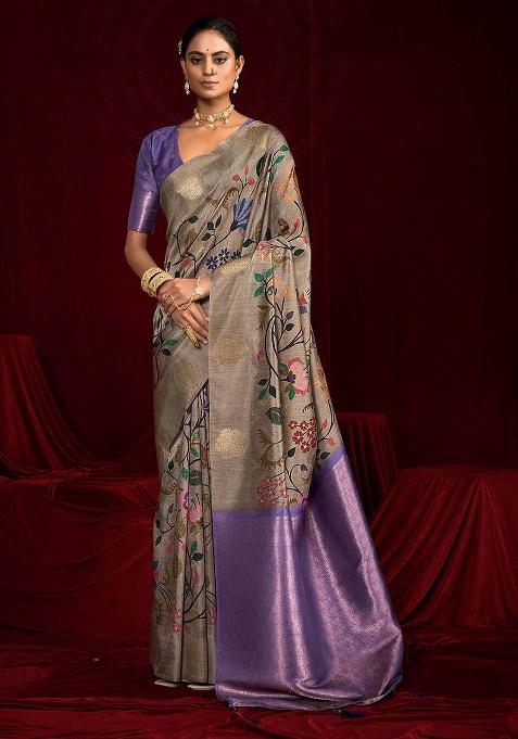 Lavender Woven Silk Blend Saree Set