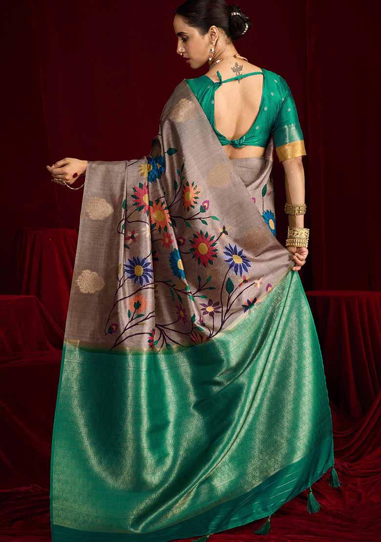 Green Woven Silk Blend Saree Set - Indya
