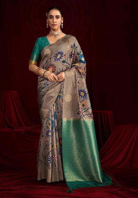 Green Woven Silk Blend Saree Set