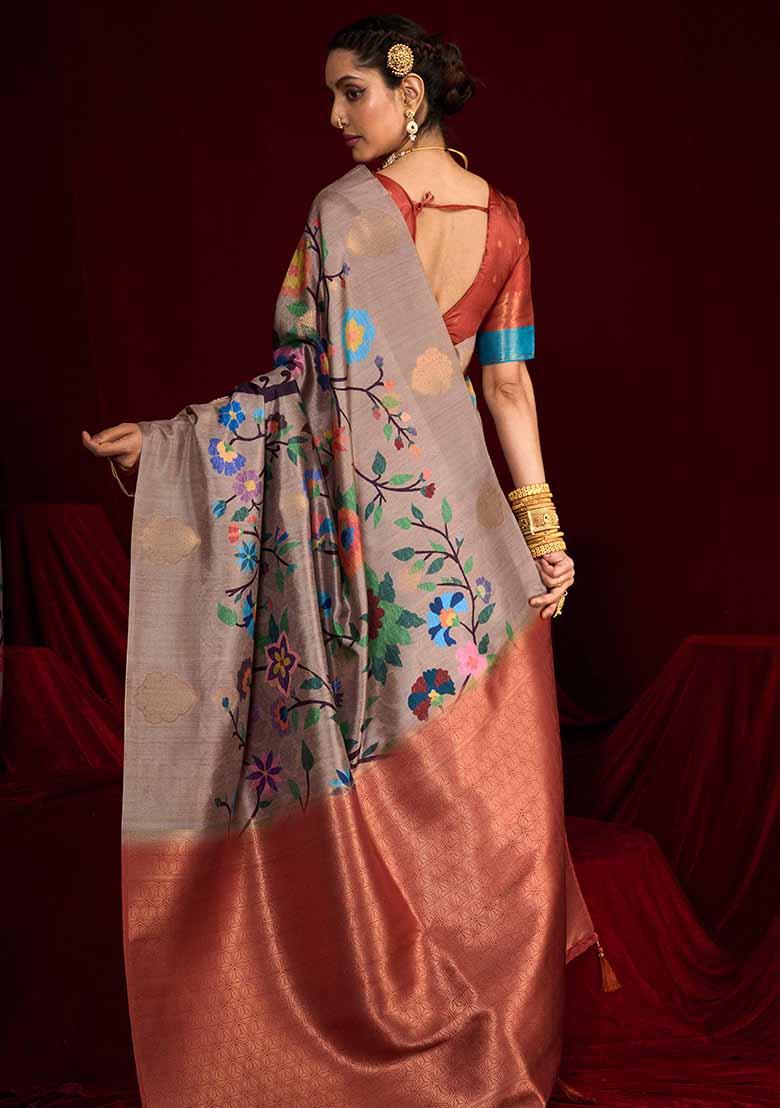 Red Woven Silk Blend Saree Set - Indya