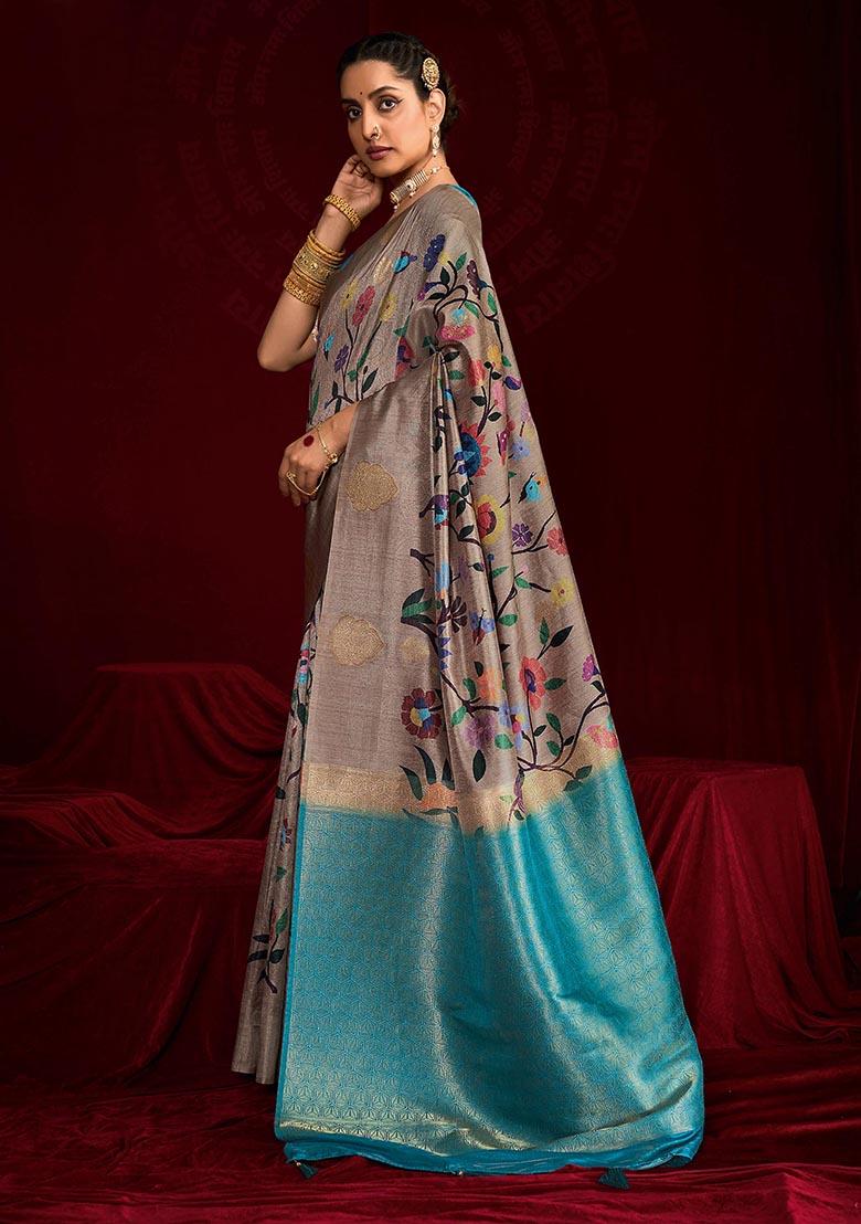 Teal Woven Silk Blend Saree Set - Indya
