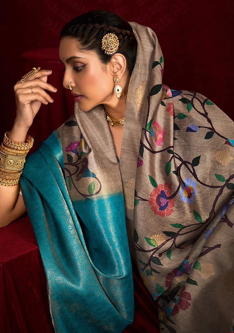 Teal Woven Silk Blend Saree Set - Indya